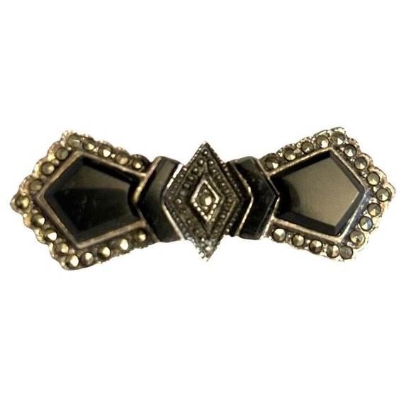 925 Sterling Silver Marcasite Black Onyx Bow Bar Brooch Pin Vintage 1” - Picture 1 of 5